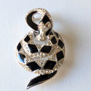 VTG Black Enamel & Rhinestone Snake Brooch - AS IS
